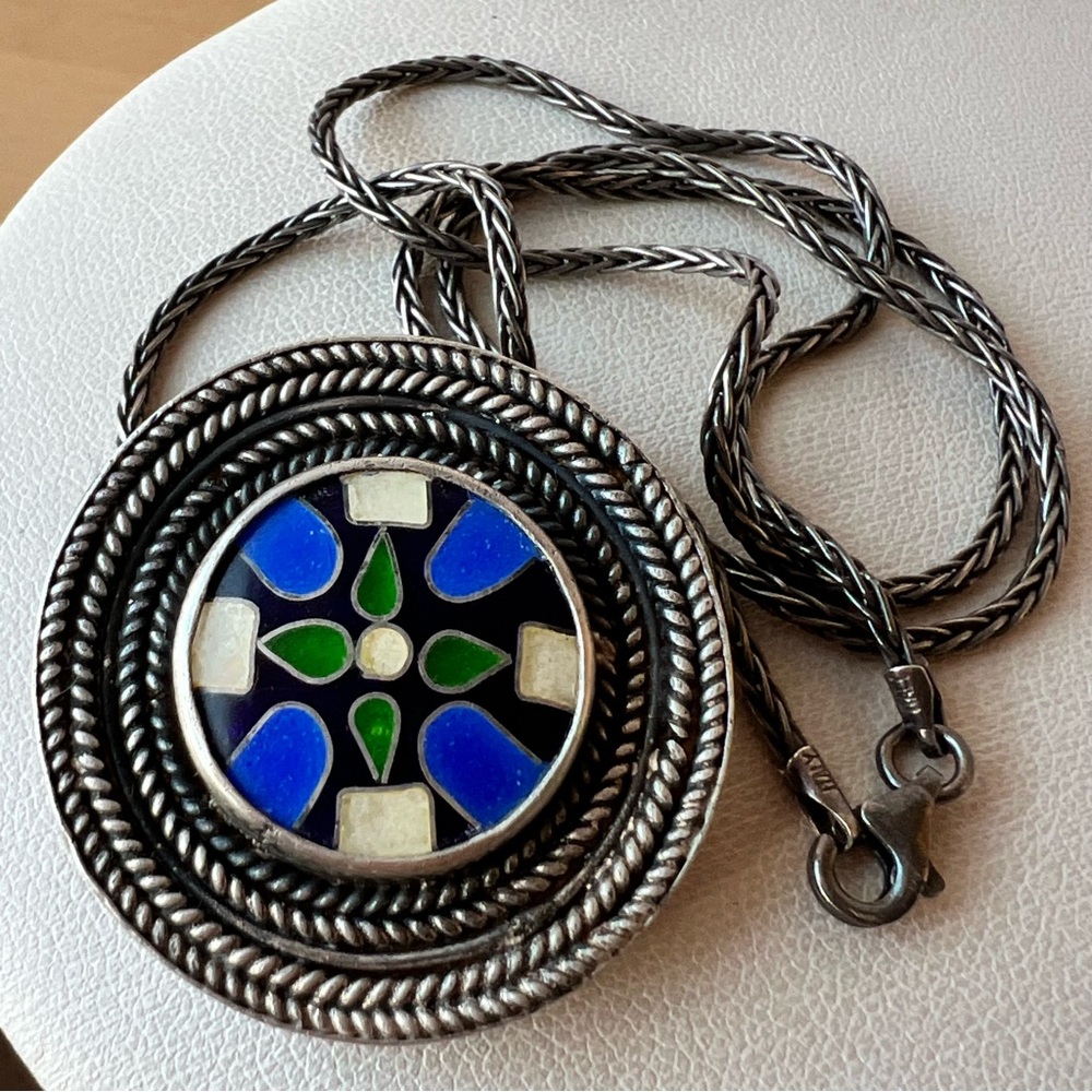 VINTAGE 925 STERLING ARTISAN PENDANT CHAI NECKLACE GEMSTONES INLAID PIN BROOCH - Picture 11 of 16